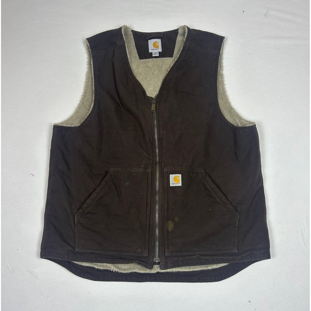 Carhartt V02 Dark Brown Sandstone Duck Sherpa Lined Vest Mens Large Tall L Tall